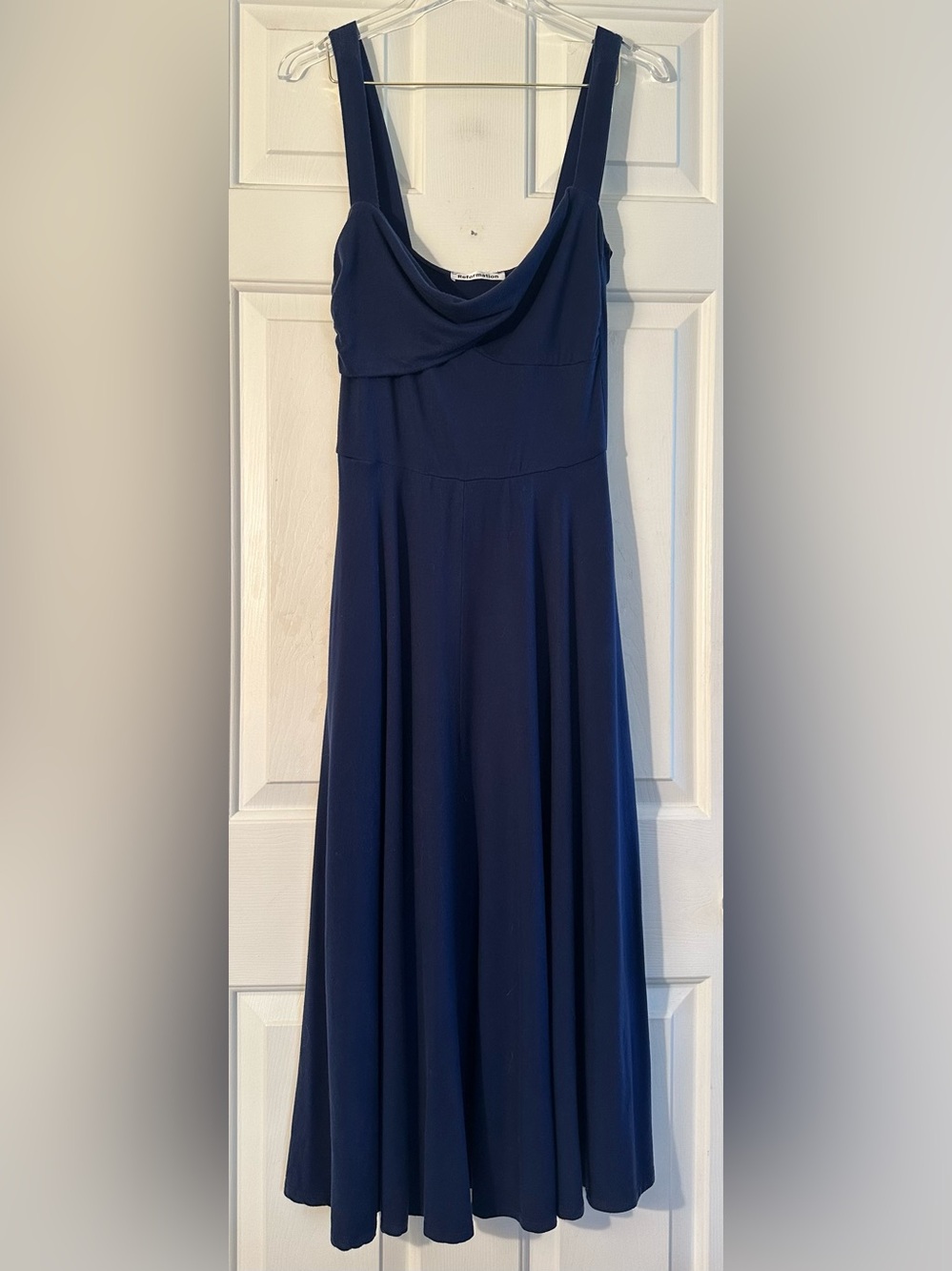 REFORMATION Lrg Sustainable Tencel Navy Blue Cowl Neck MADE USA Fit Flare Dress
